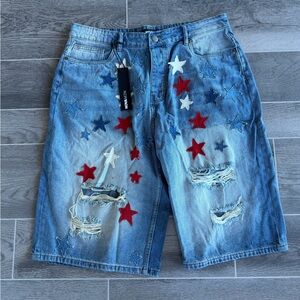 Fashion Nova Blue Star-Embellished Jean Shorts